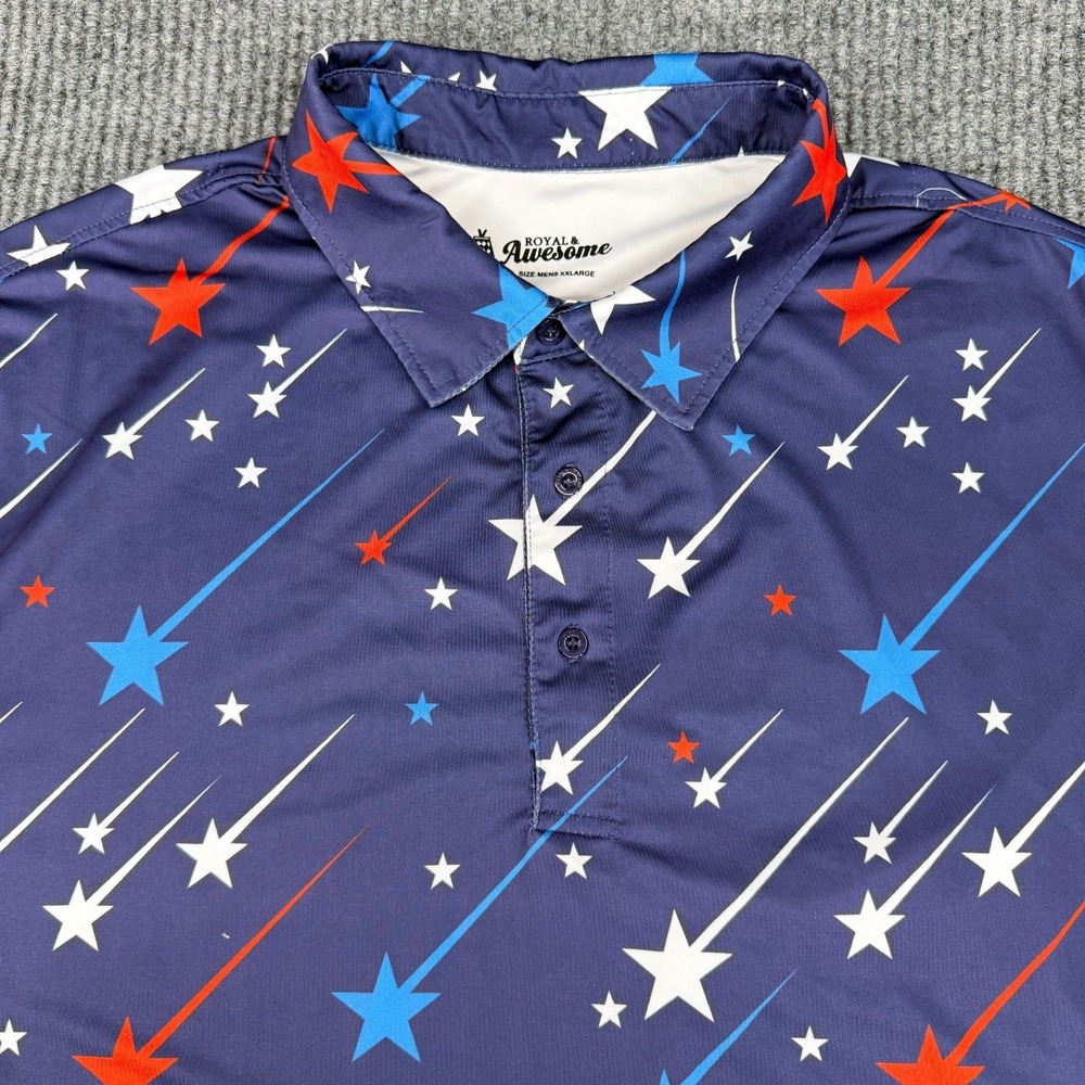 Royal & Awesome Polo Golf Shirt Men's 2XL Navy Stars Patriotic Golf Performance